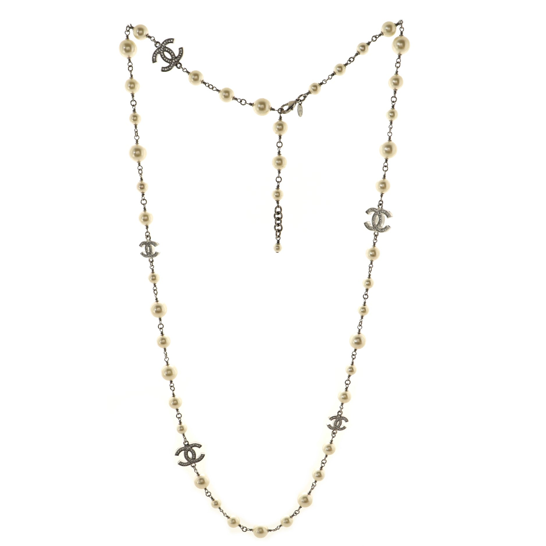 CC Long Necklace Faux Pearls and Crystal Embellished Metal