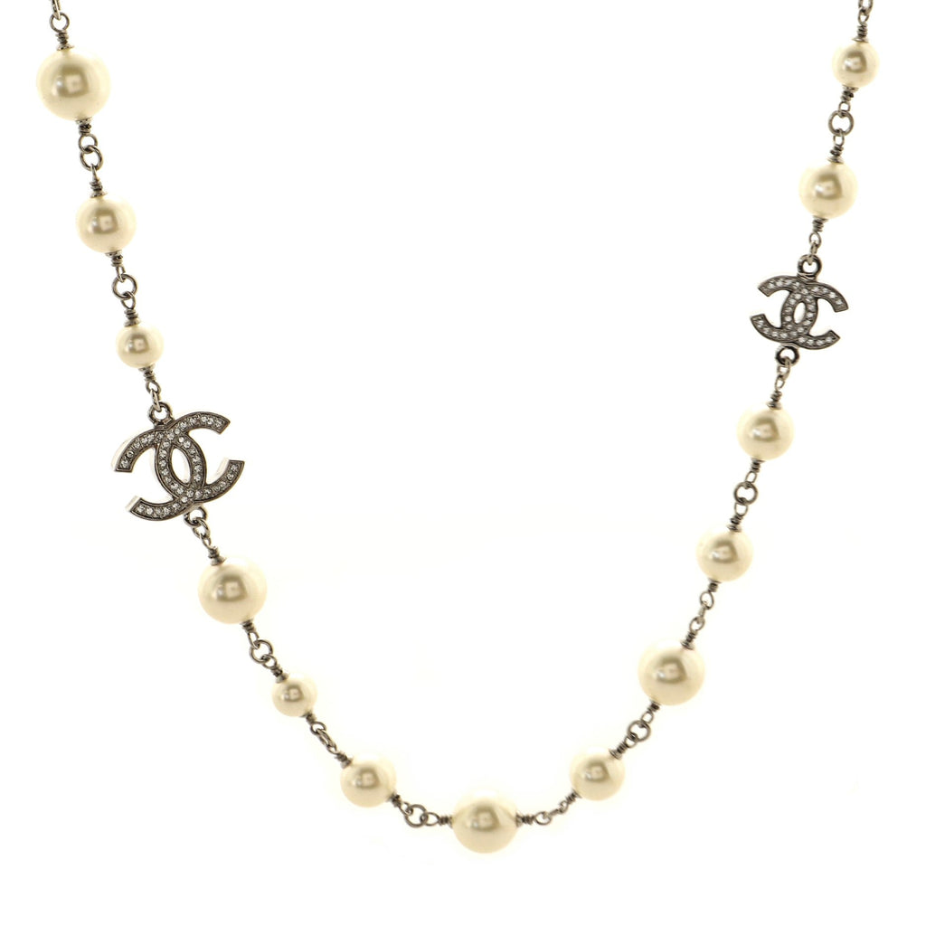 CC Long Necklace Faux Pearls and Crystal Embellished Metal