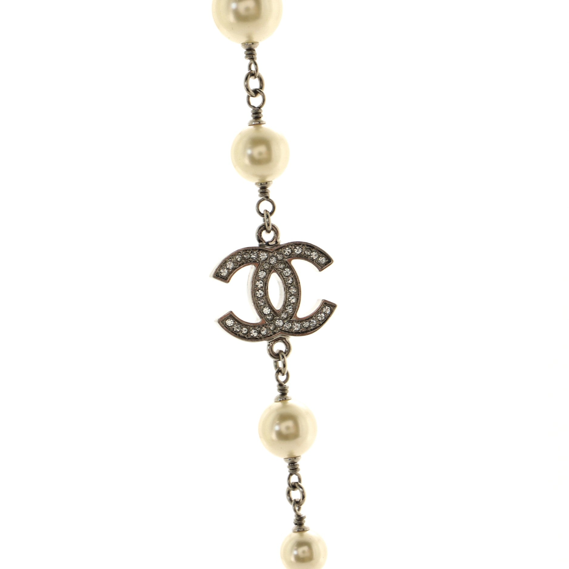 CC Long Necklace Faux Pearls and Crystal Embellished Metal