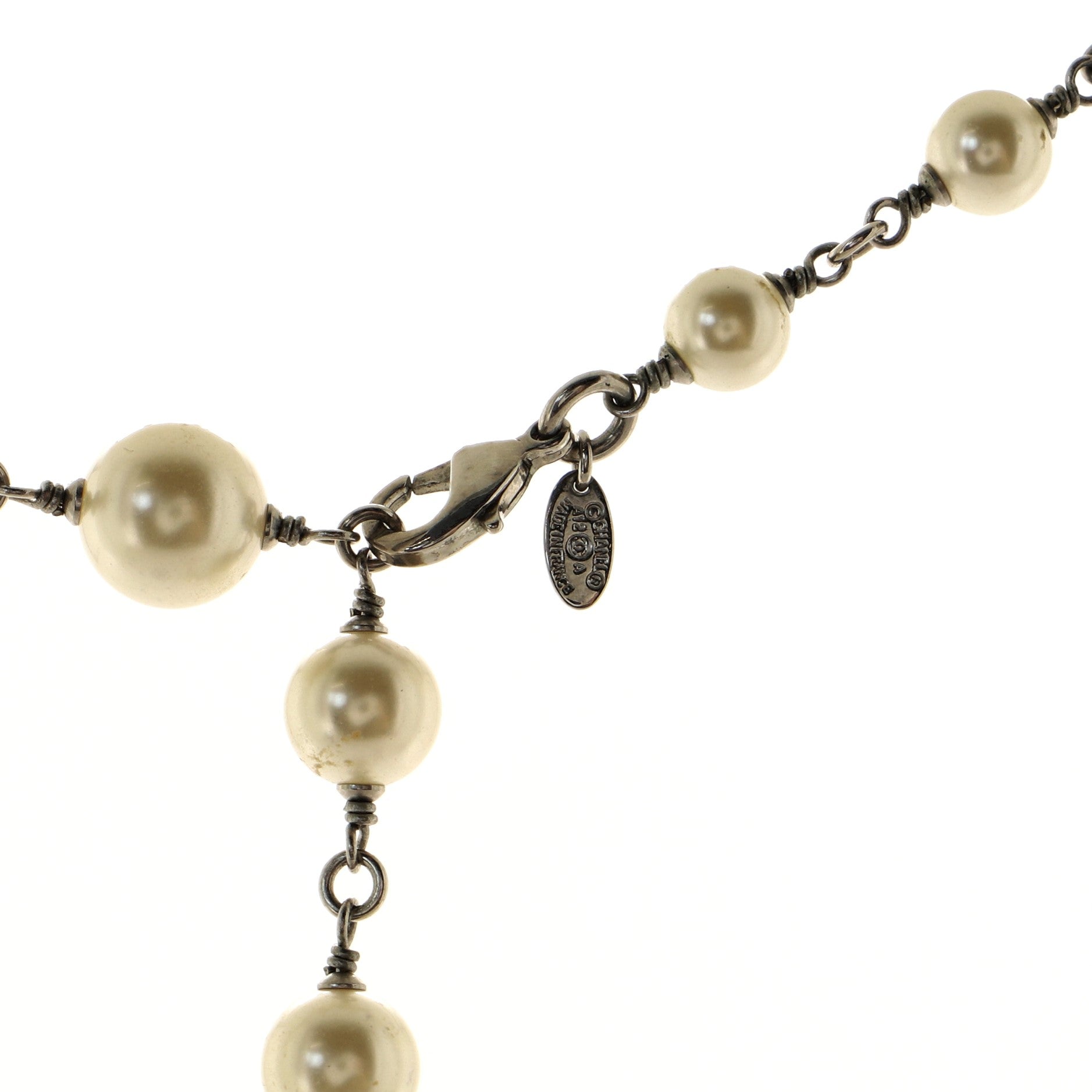 CC Long Necklace Faux Pearls and Crystal Embellished Metal