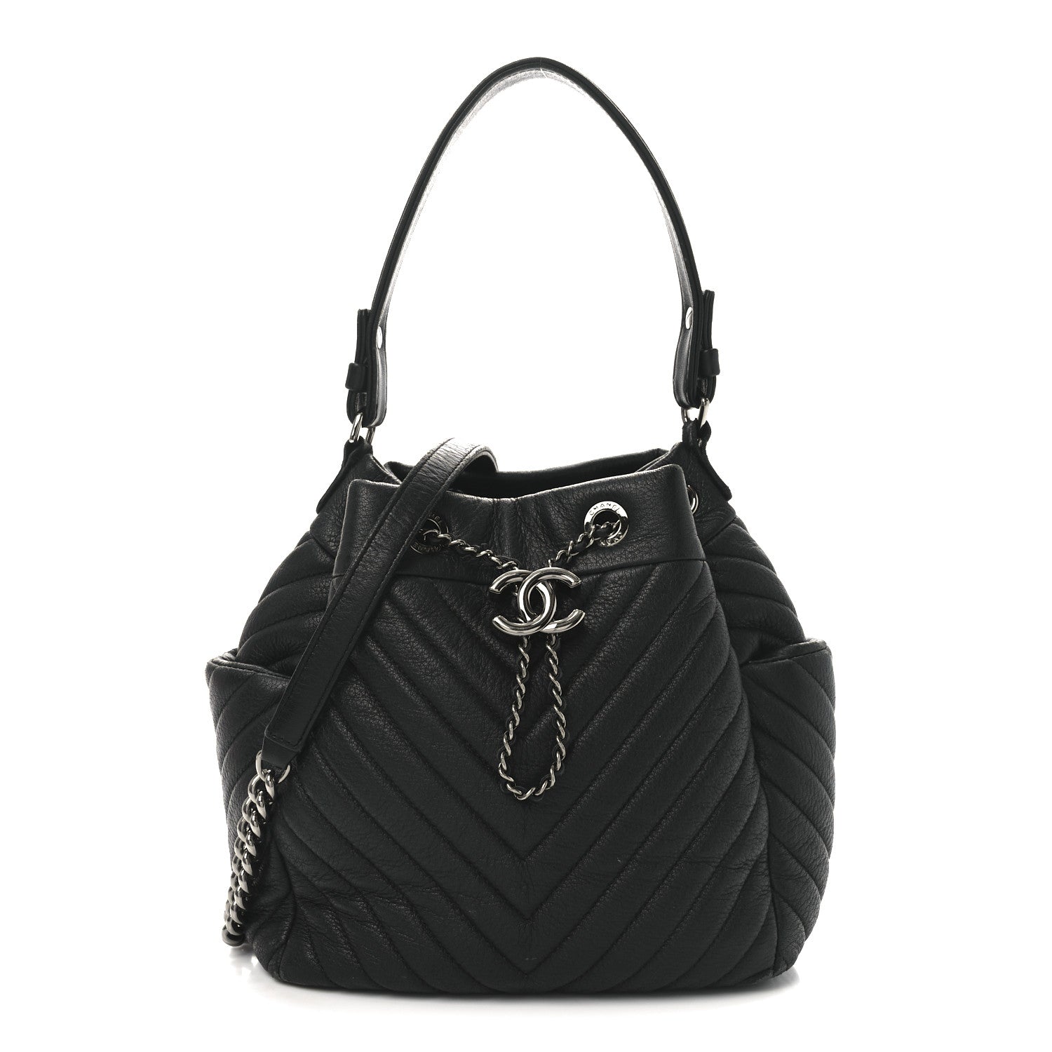 Deerskin Chevron Small CC Chain Bucket Bag Black