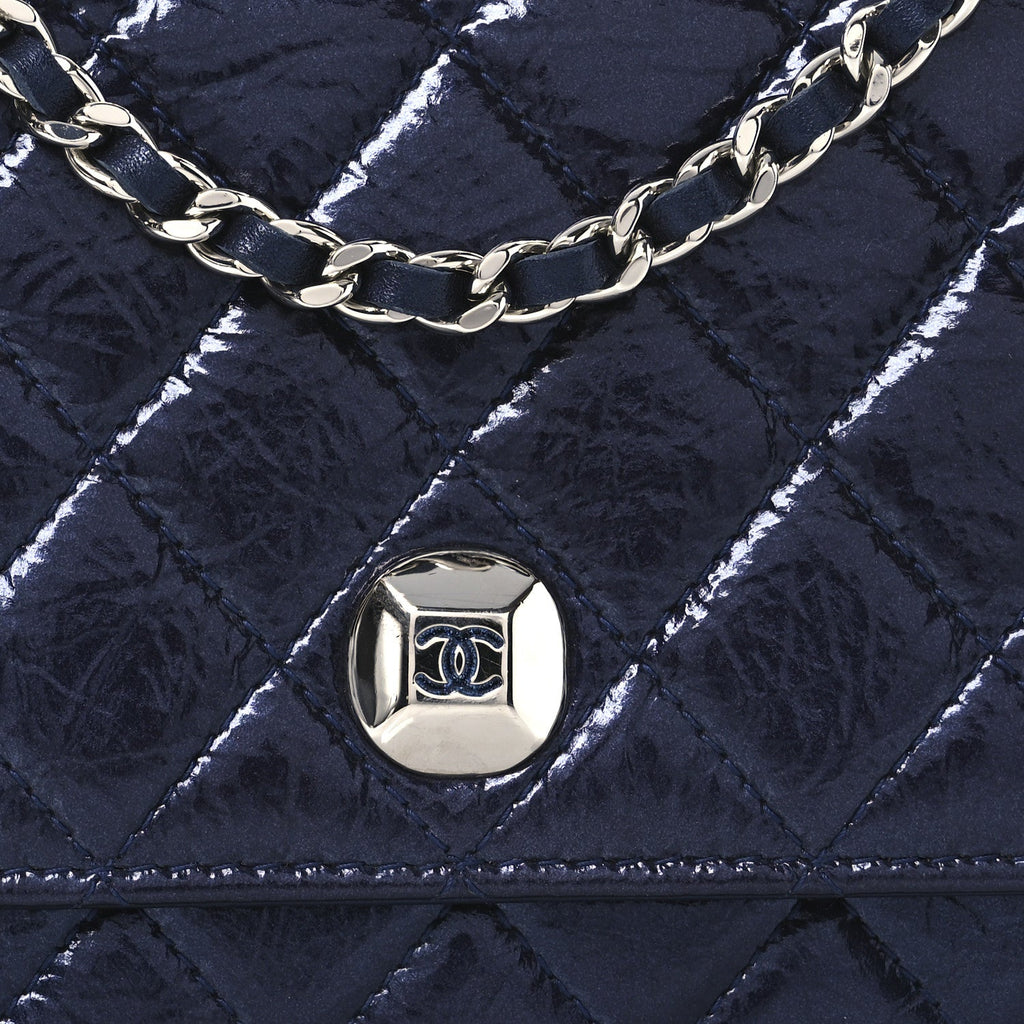 Patent Metallic Crumpled Calfskin Quilted Wallet On Chain WOC Navy
