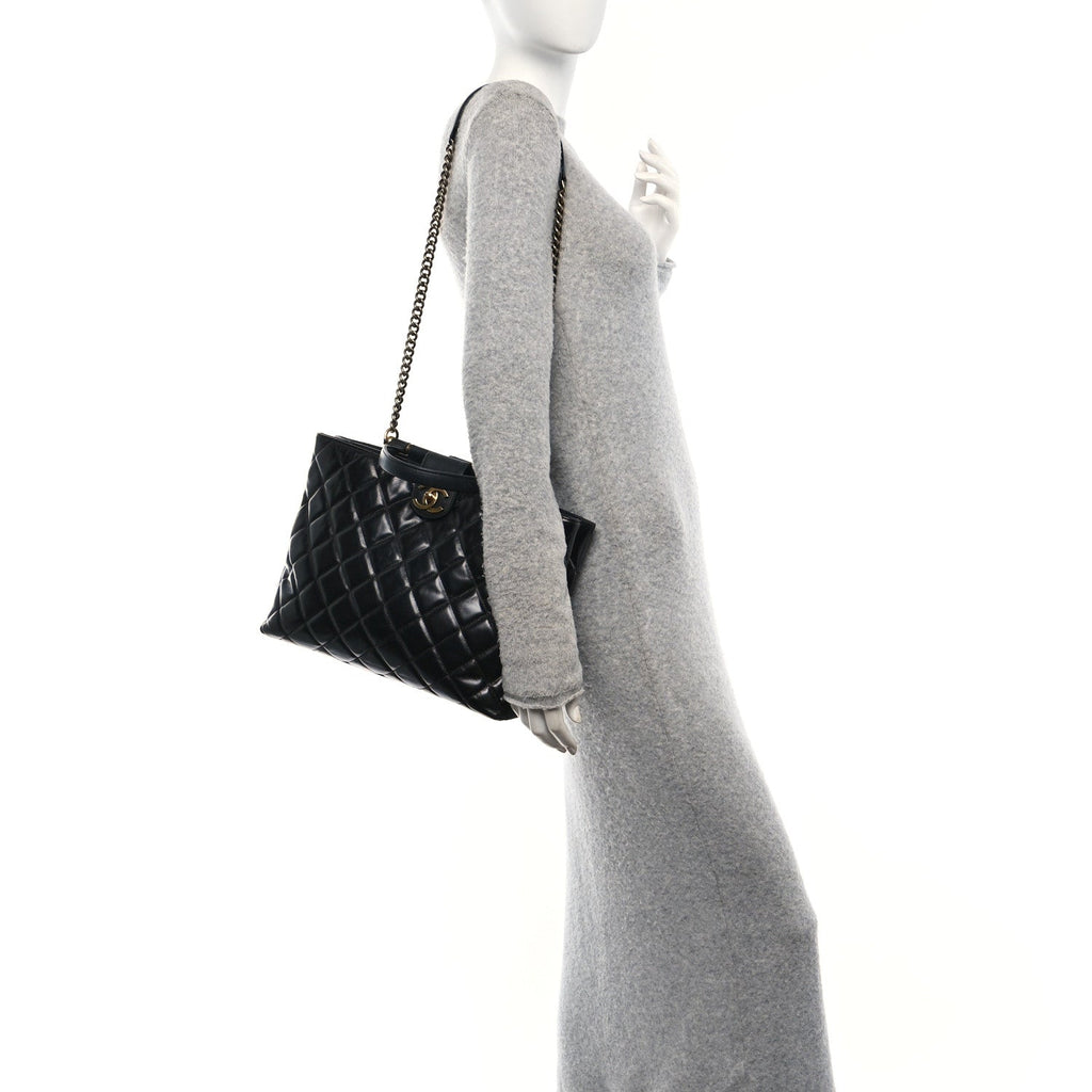Glazed Calfskin Quilted Gold Bar Tote Black