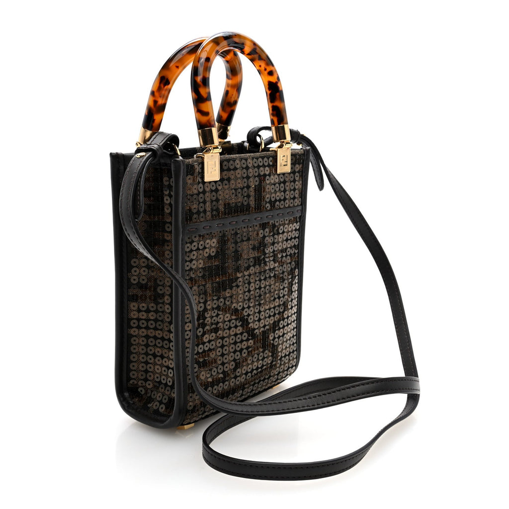 Fabric Jacquard Paillettes Vitello Seta Plexiglass FF 1974 Embroidered Mini Fendi Sunshine Shopper Tote Tobacco Moro