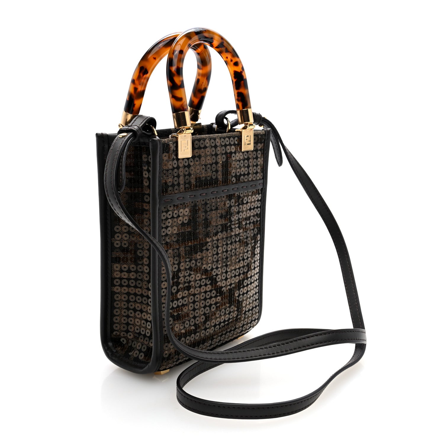 Fabric Jacquard Paillettes Vitello Seta Plexiglass FF 1974 Embroidered Mini Fendi Sunshine Shopper Tote Tobacco Moro