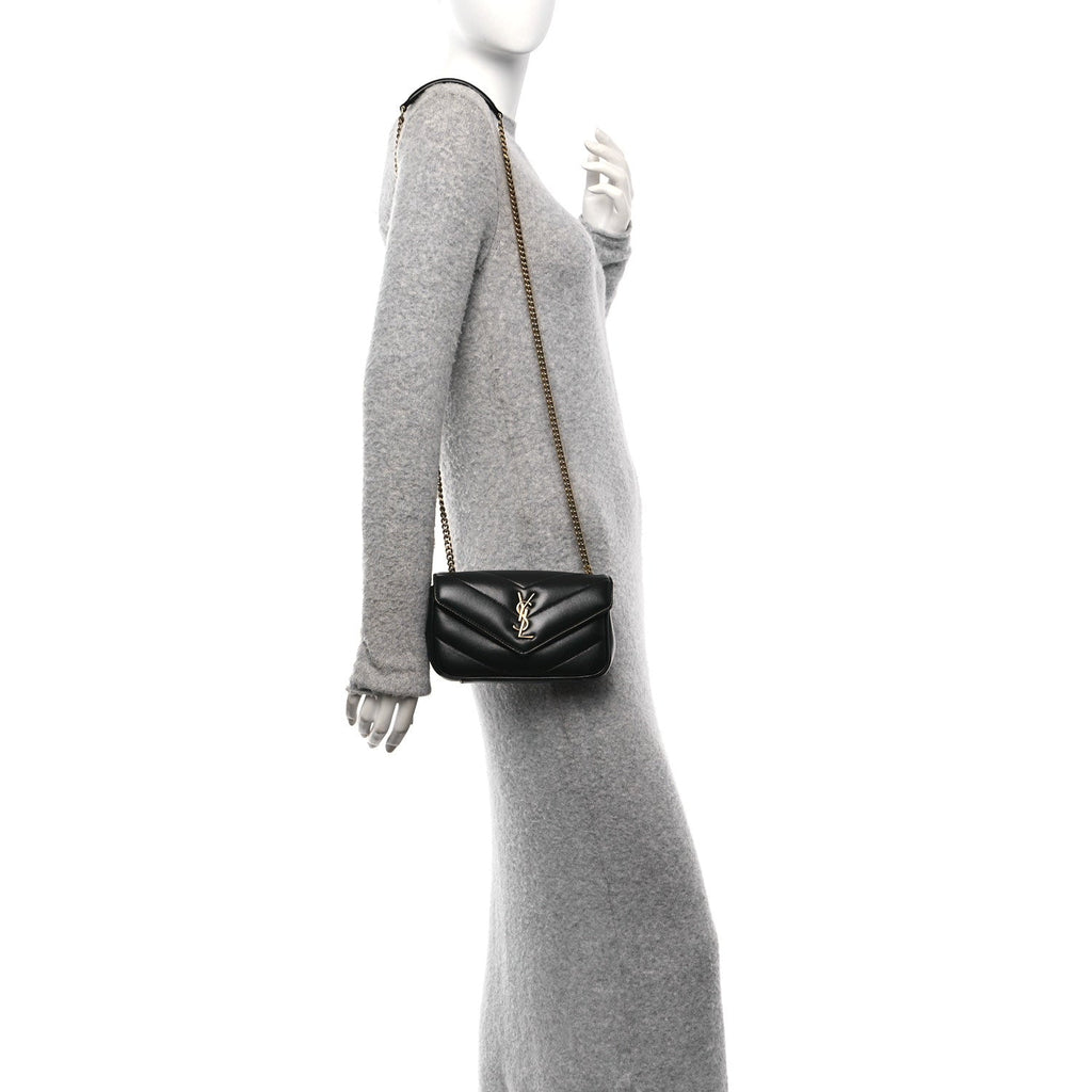 Lambskin Chevron Quilted Mini Loulou Bag Black