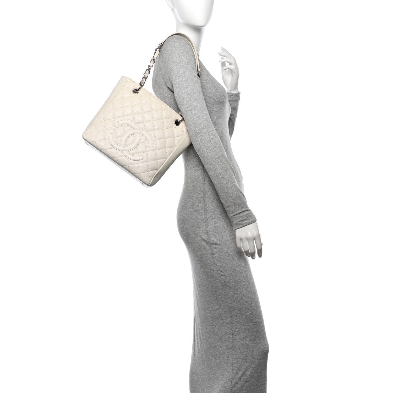 Caviar Quilted Petit Shopping Tote PST White