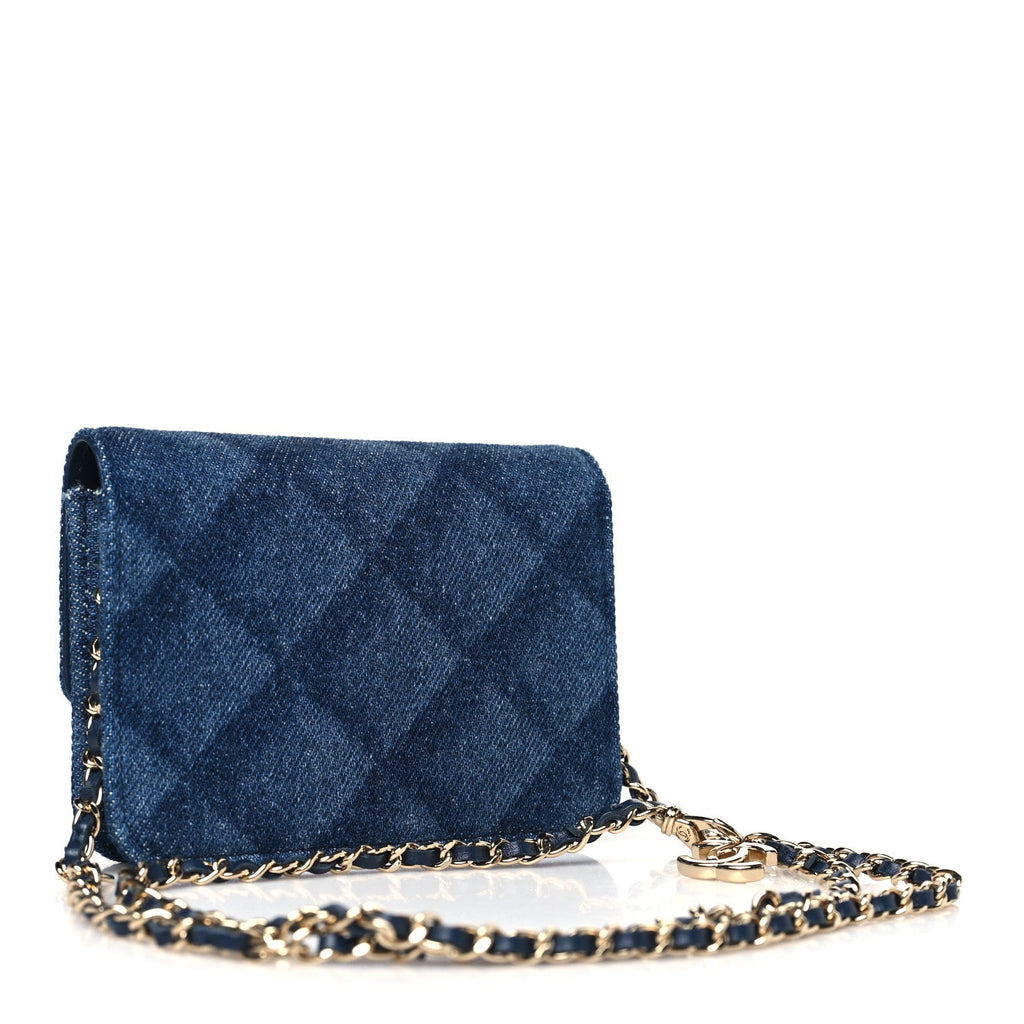 Printed Denim Quilted  Holder On Chain  Dark Blue