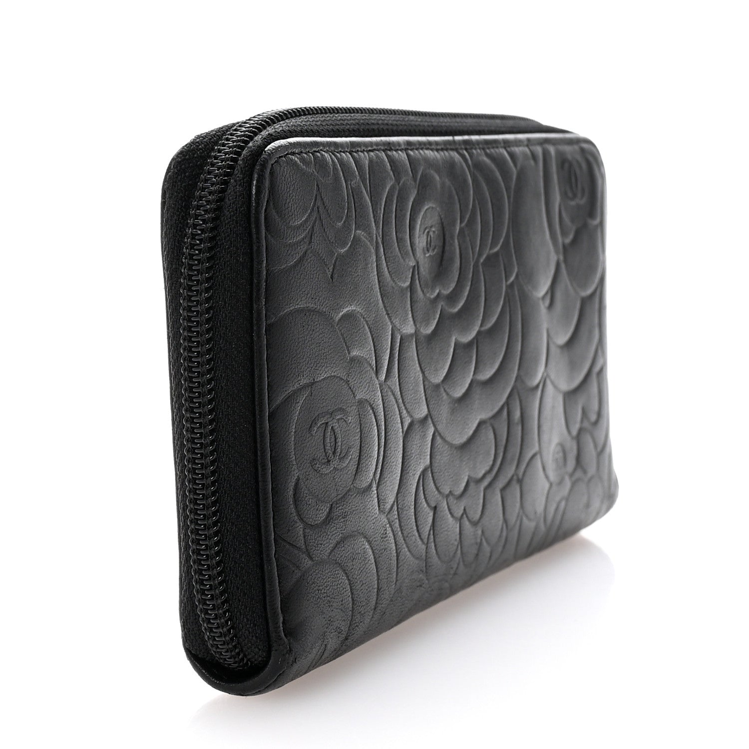 Lambskin Camellia Embossed Large Zip Around Gusset Wallet Black