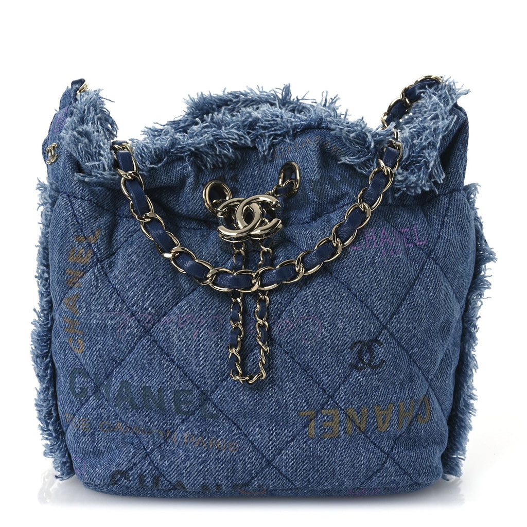 Denim Quilted Small Mood Bucket With Chain Blue Multicolor