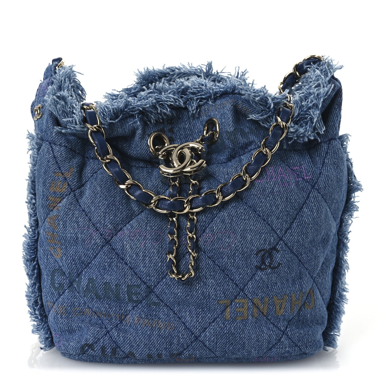 Denim Quilted Small Mood Bucket With Chain Blue Multicolor