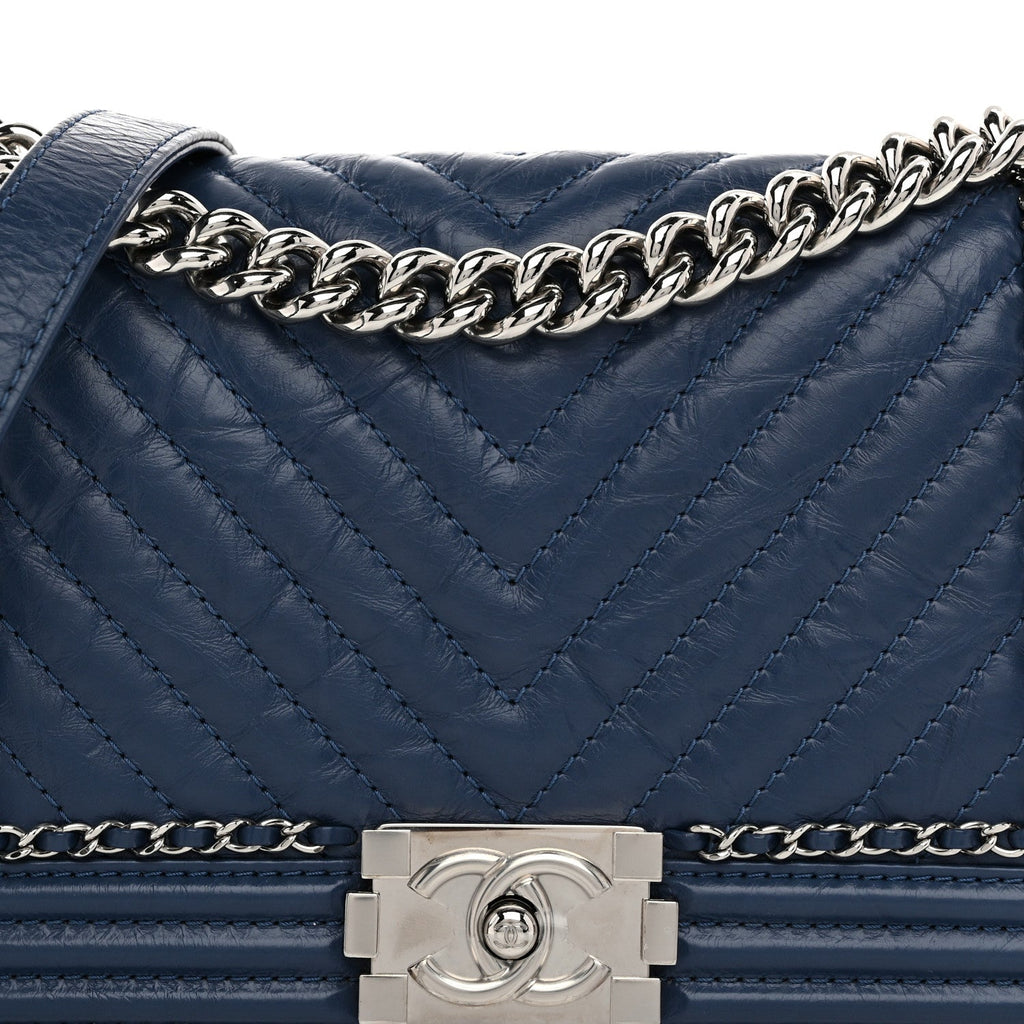Aged Calfskin Chevron Quilted Medium Jacket Boy Flap Navy Blue