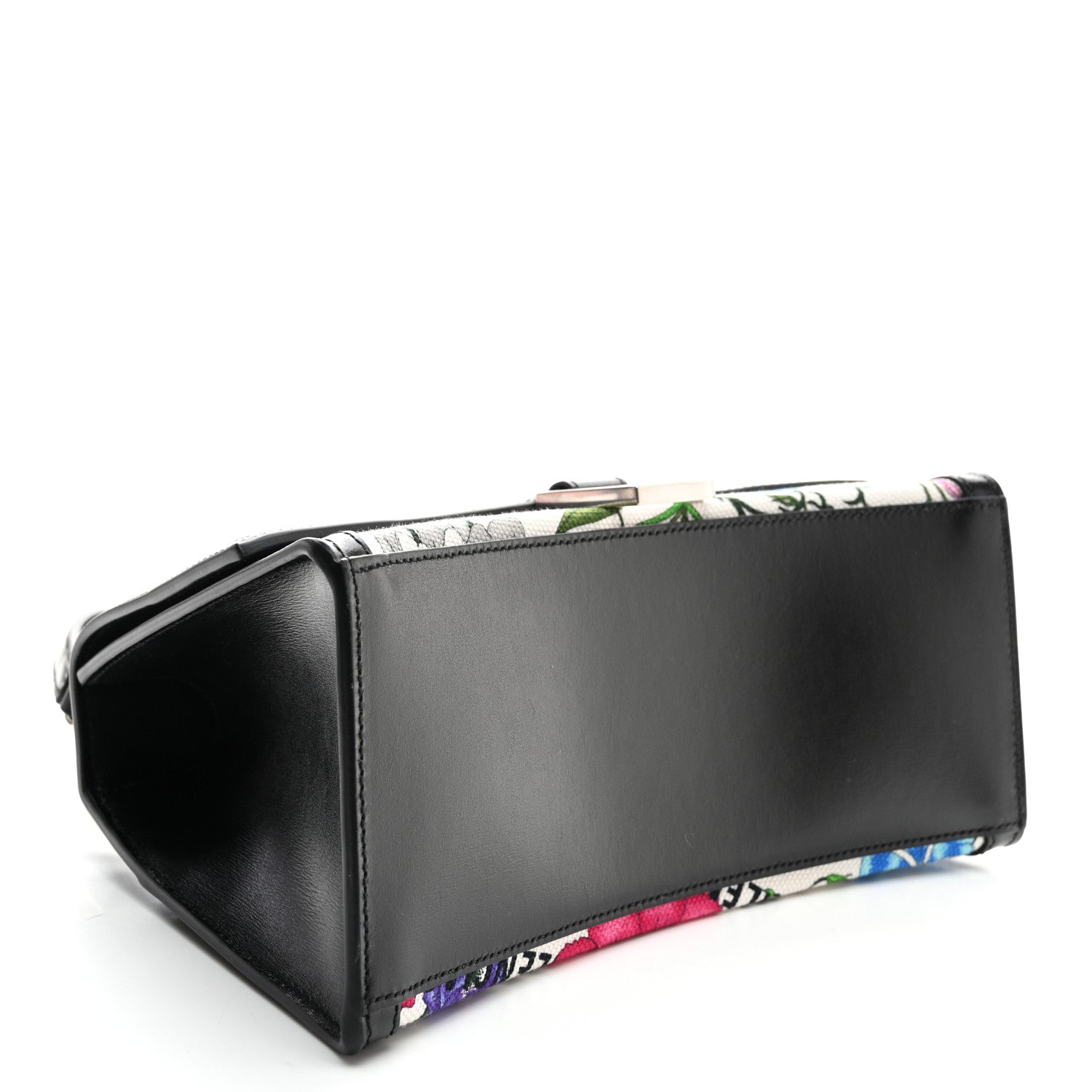 X GUCCI Canvas Boarded Plutone Calfskin Flora Logo Print Small Hourglass Top Handle Bag White Multicolor Black