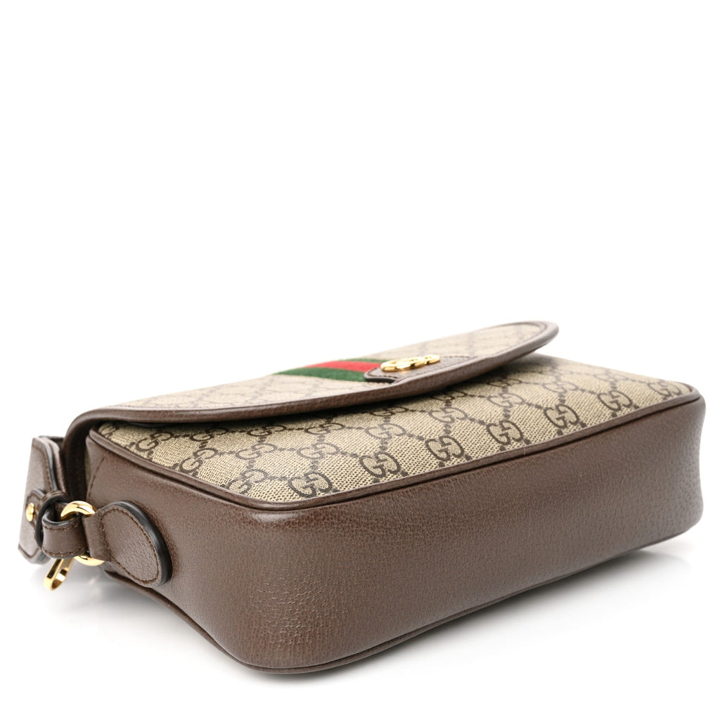 GG Supreme Monogram Textured Dollar Calfskin Web Studded Mini Ophidia Flap Shoulder Bag Beige Ebony New Acero