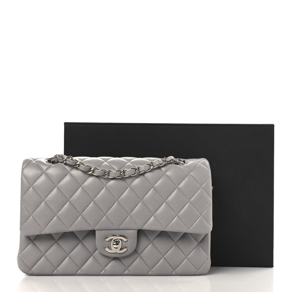 Lambskin Quilted Medium Double Flap Grey