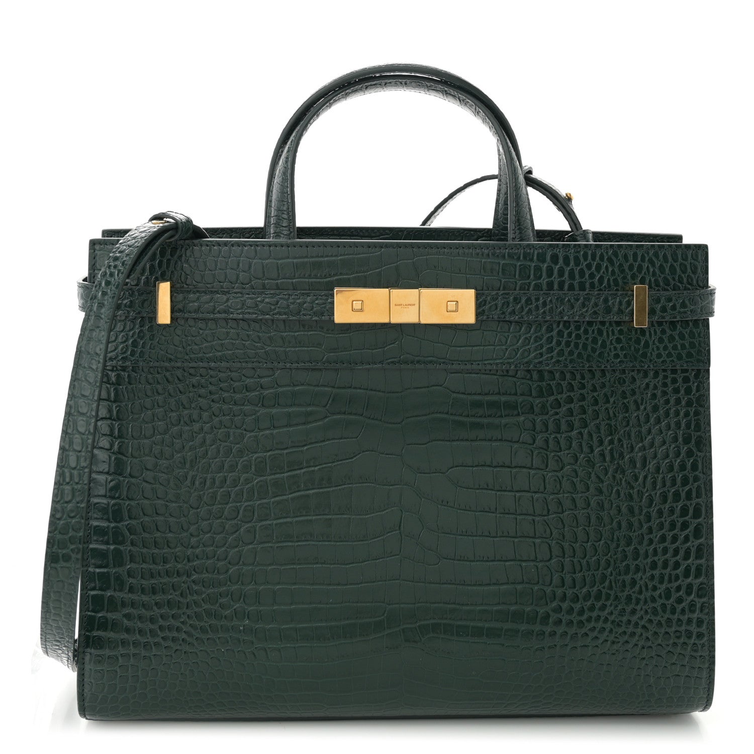 Shiny Calfskin Crocodile Embossed Small Manhattan Shopper Tote Green