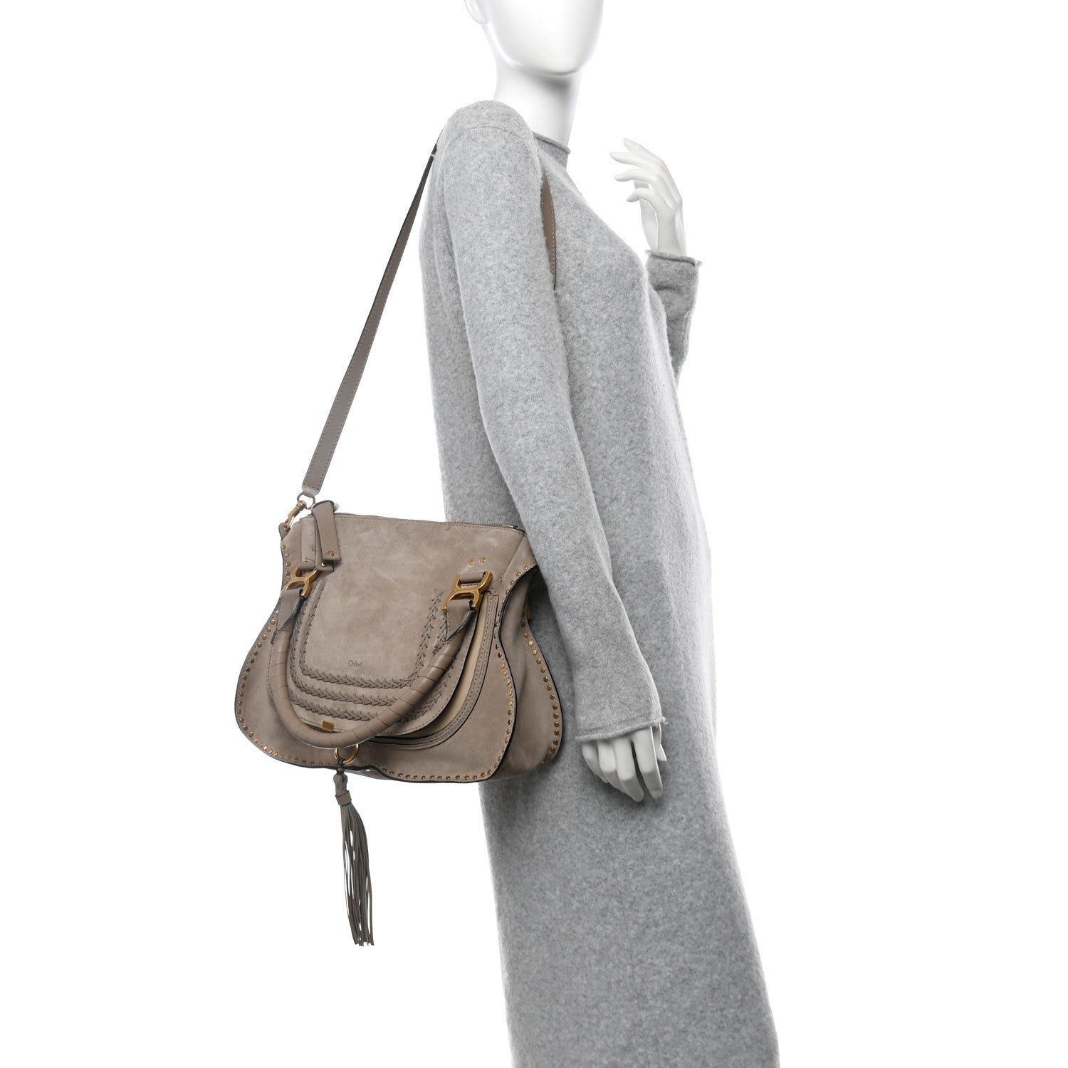 Suede Calfskin Braided Medium Marcie Satchel Motty Grey