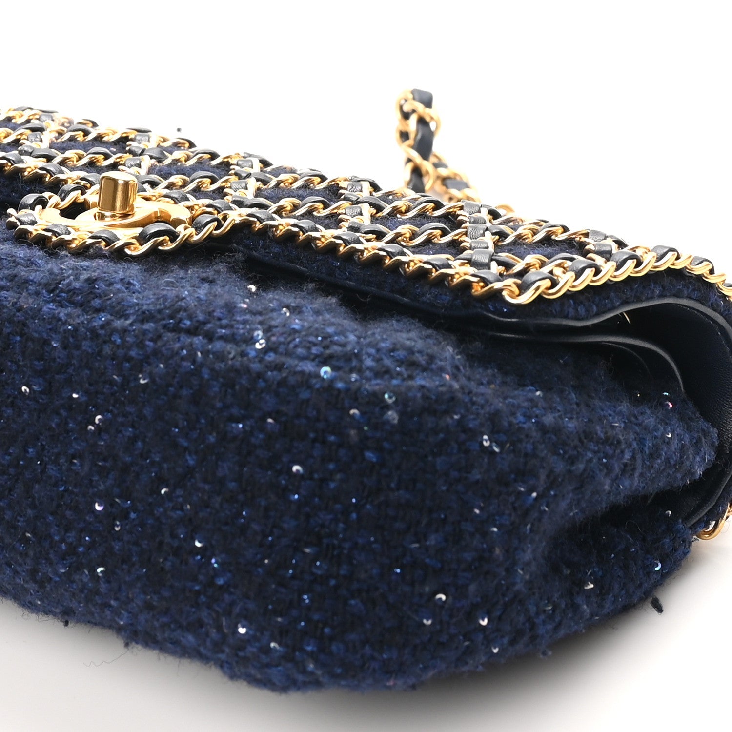 Tweed Sequin Timeless Classic Chained Double Flap Navy Blue