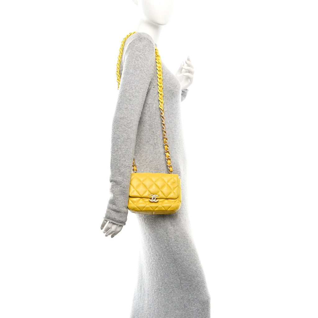 Lambskin Quilted Mini Lacquered Chain Flap Yellow