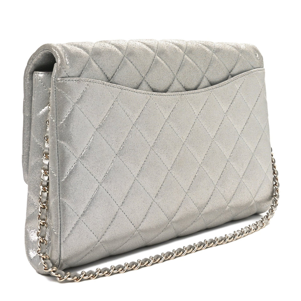 Iridescent Calfskin Quilted Clutch With Chain Flap Silver