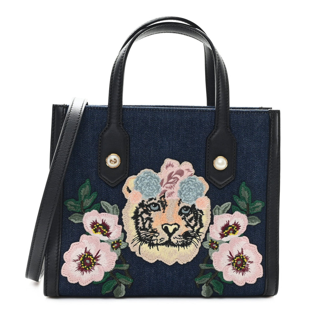 Denim Embroidered Tiger Tote Blue Multicolor