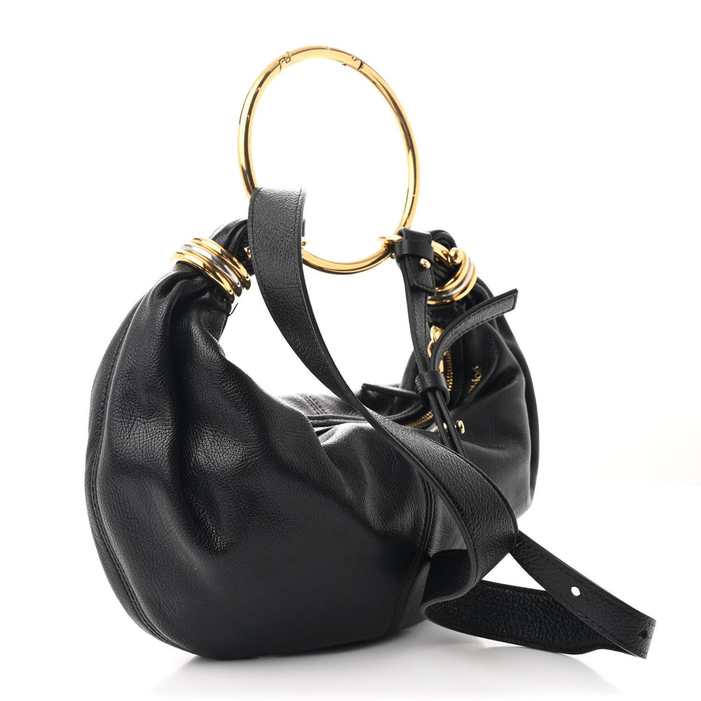 Grained Calfskin Small Bracelet Hobo Bag Black
