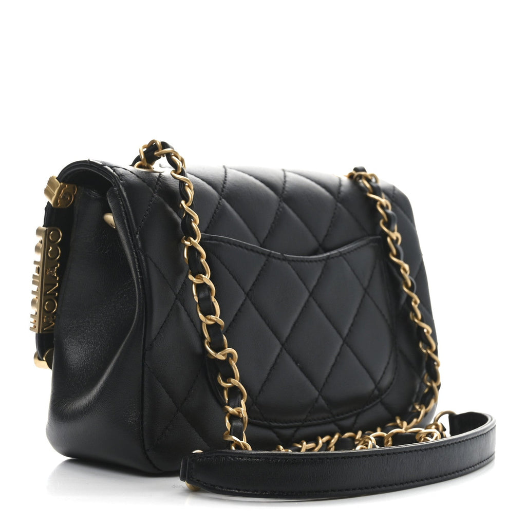 Lambskin Enamel Strass Quilted Mini Paris Monaco Flap Black