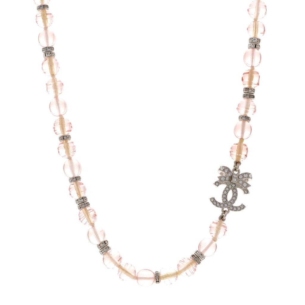 Resin Bead Crystal CC Bow Drop Choker Necklace Pink Silver
