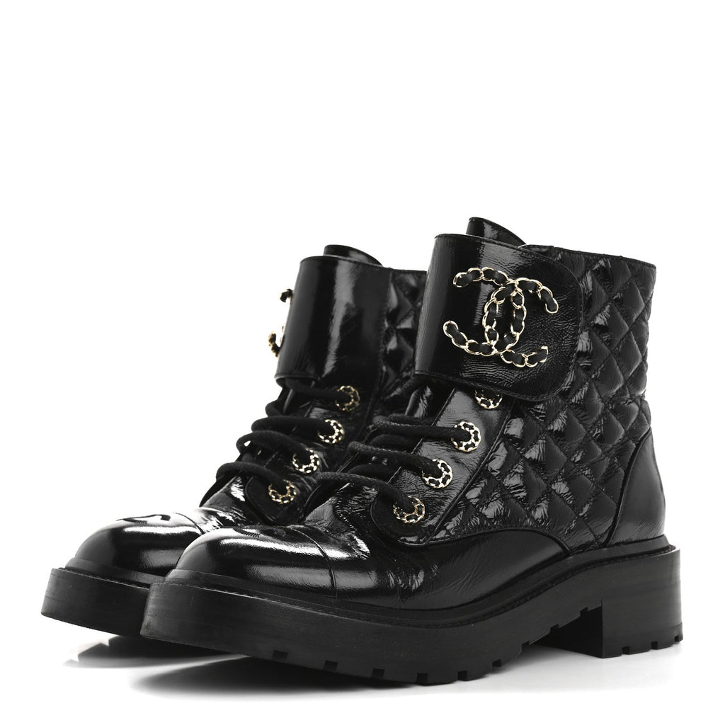 Shiny Lambskin Quilted Lace Up Combat Boots 37 Black