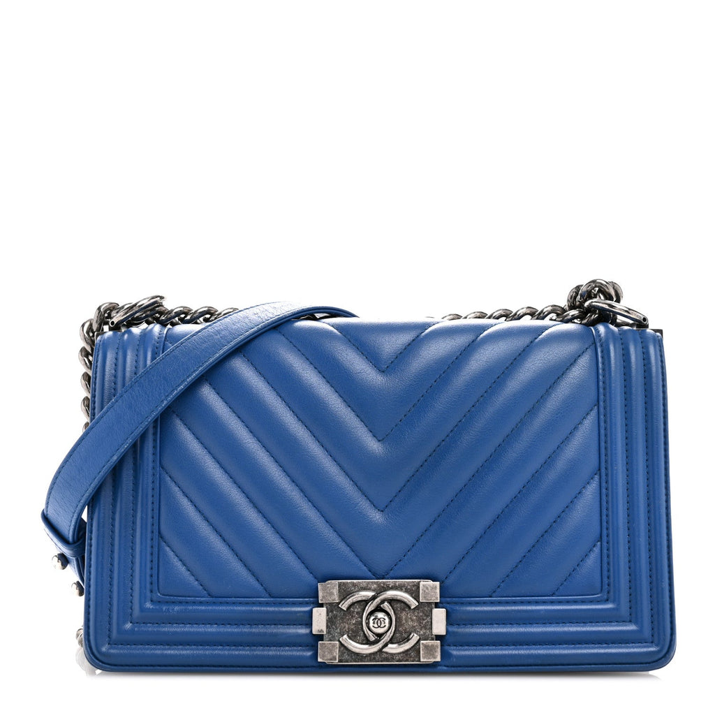 Calfskin Chevron Quilted Medium Boy Flap Blue