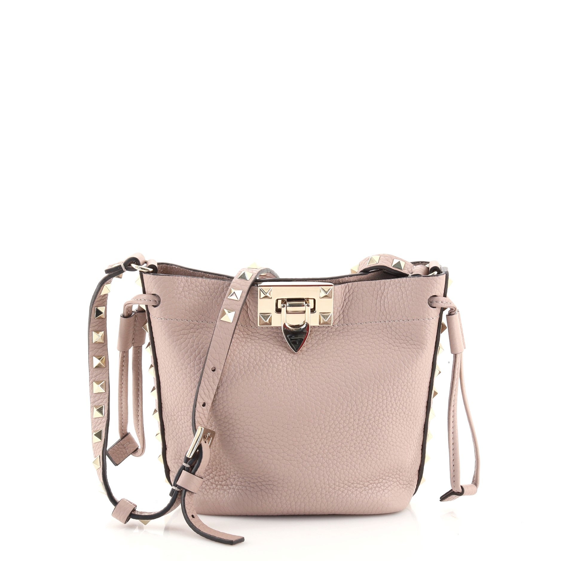 Rockstud Flip Lock Bucket Crossbody Bag Pebbled Leather Mini