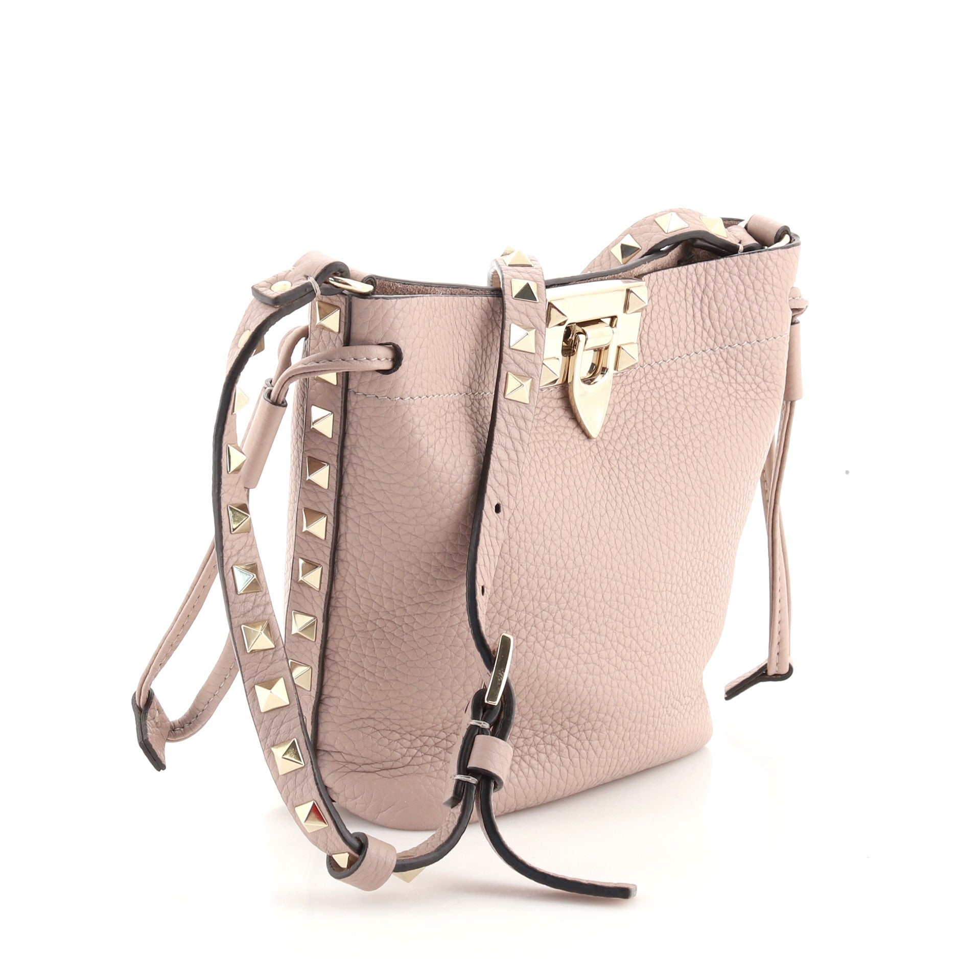 Rockstud Flip Lock Bucket Crossbody Bag Pebbled Leather Mini