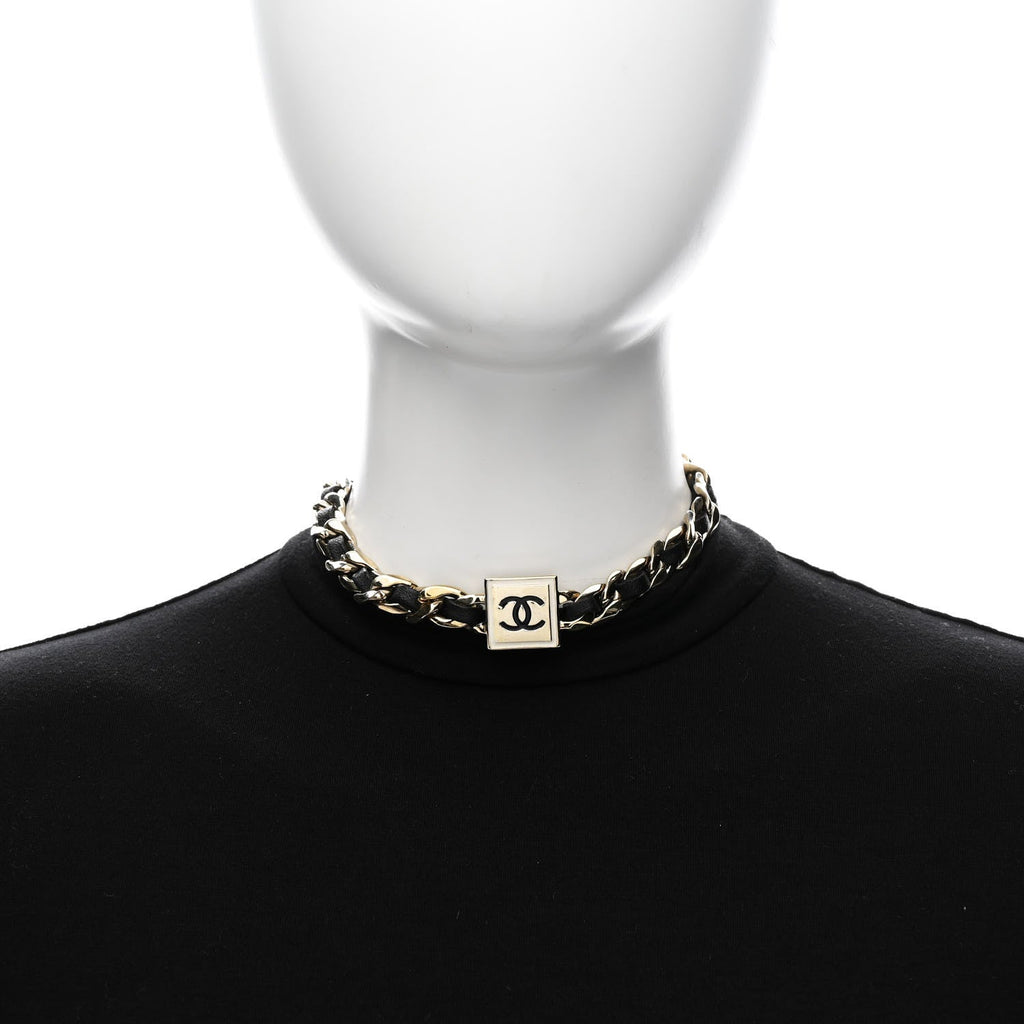 Metal Lambskin CC Square Choker Gold Black White