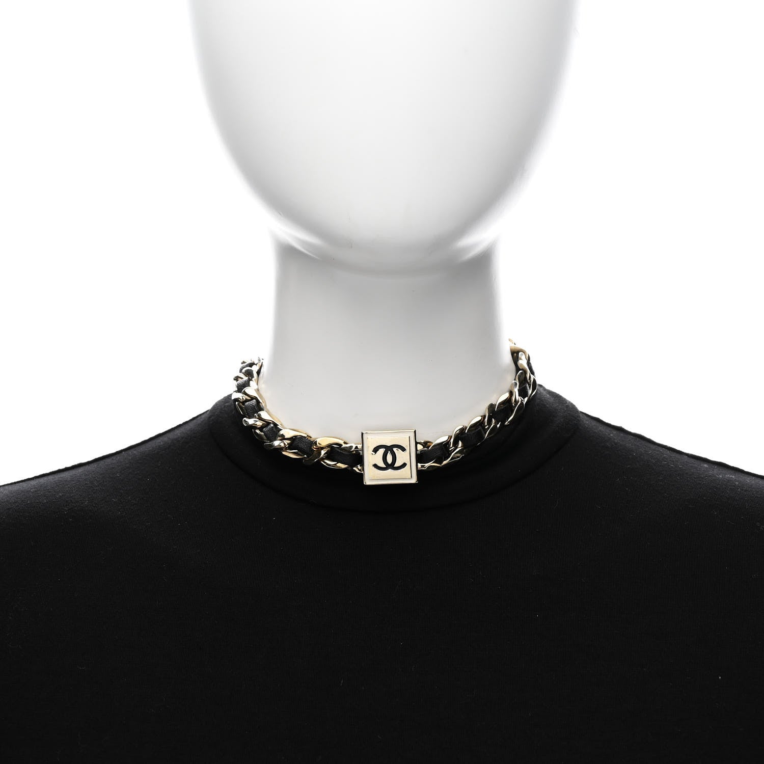Metal Lambskin CC Square Choker Gold Black White