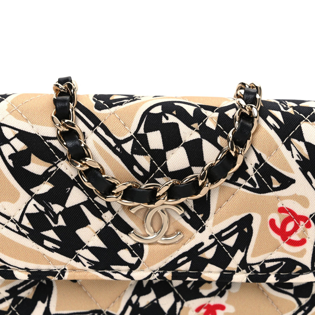 Canvas Check Flag Printed CC Clutch With Chain Beige Multicolor