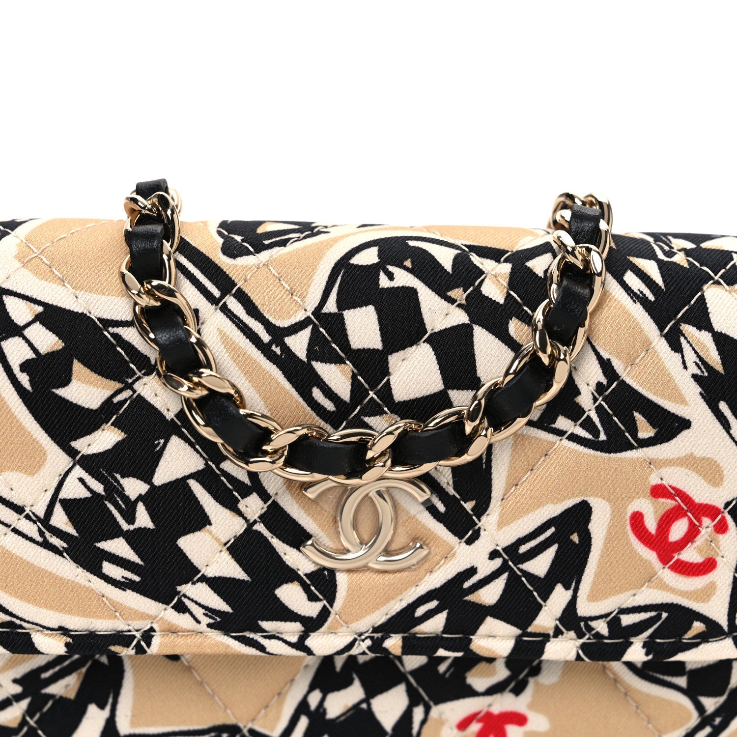 Canvas Check Flag Printed CC Clutch With Chain Beige Multicolor