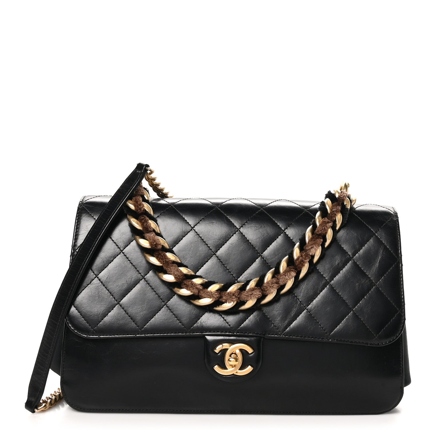 Aged Glazed Calfskin Quilted Straight Lined Flap Black