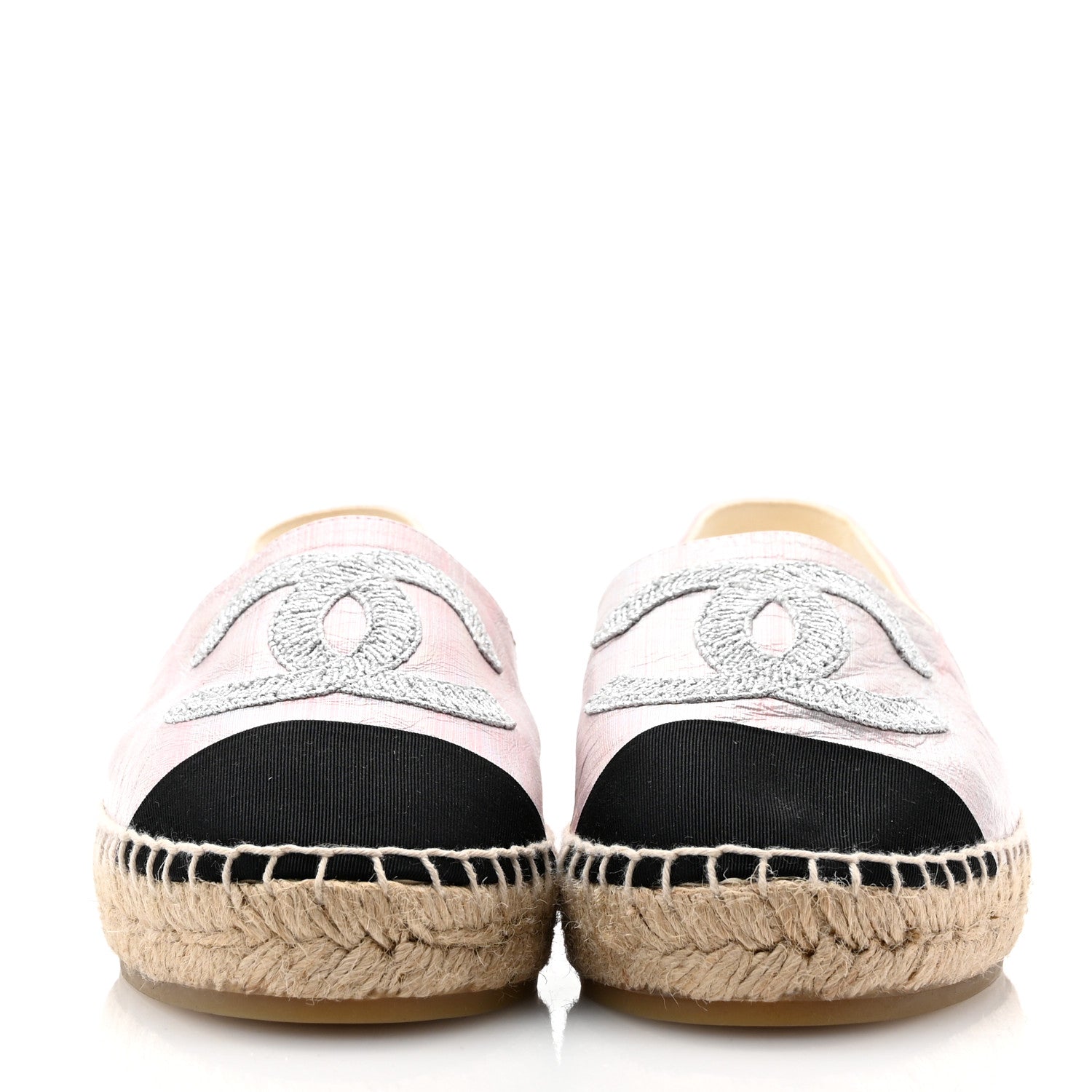 Laminated Lambskin Grosgrain Embroidered CC Espadrilles 39 Pink Silver Black