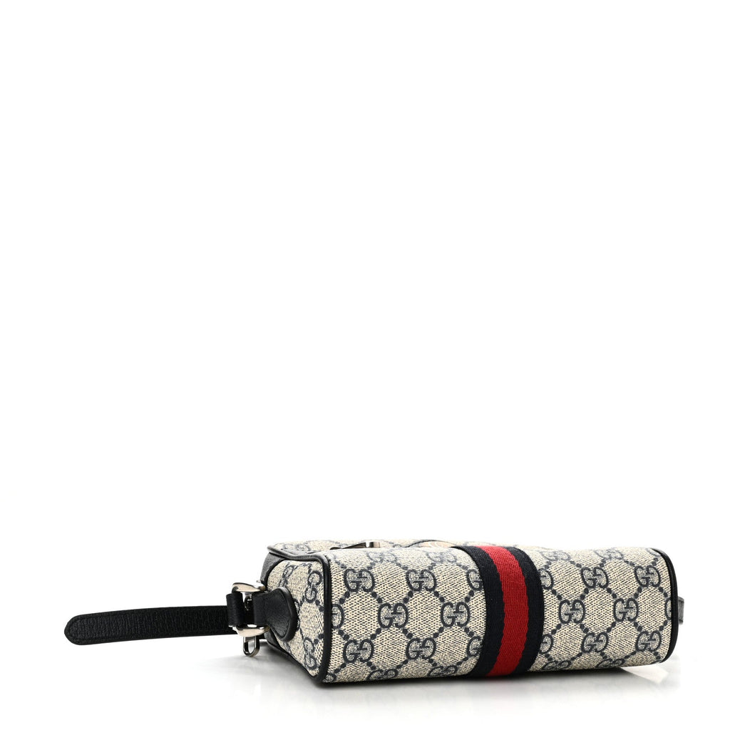 GG Supreme Monogram Textured Dollar Calfskin Web Mini Ophidia Shoulder Bag Beige Blue