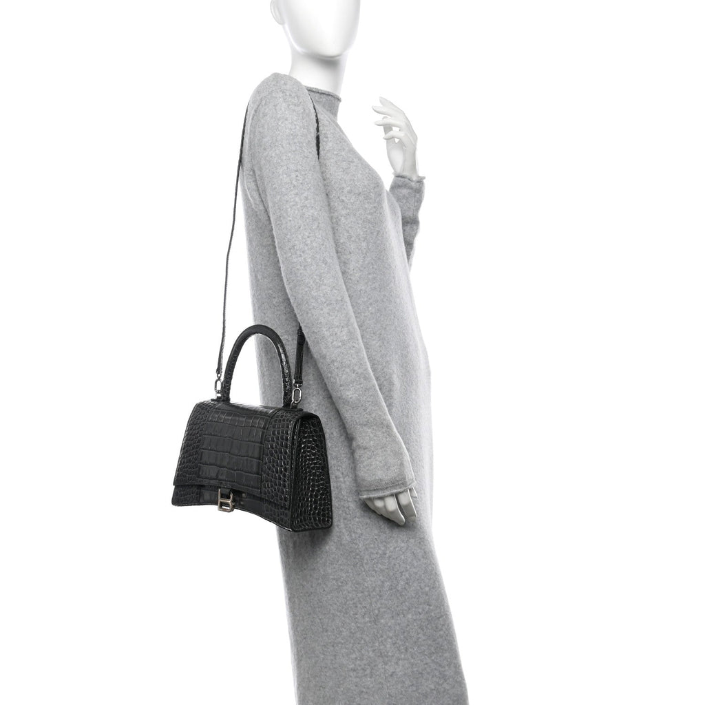 Shiny Calfskin Crocodile Embossed Medium Hourglass Top Handle Bag Dark Grey