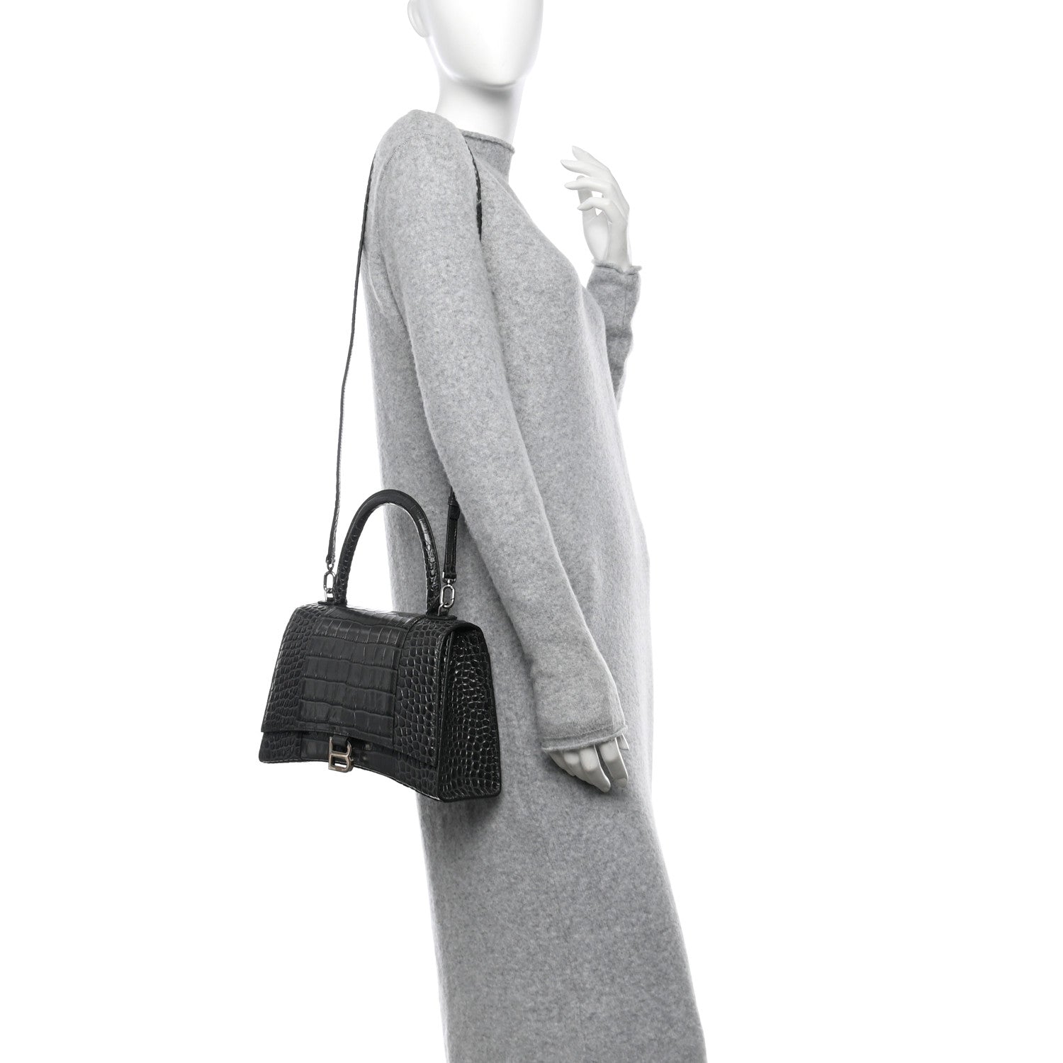Shiny Calfskin Crocodile Embossed Medium Hourglass Top Handle Bag Dark Grey