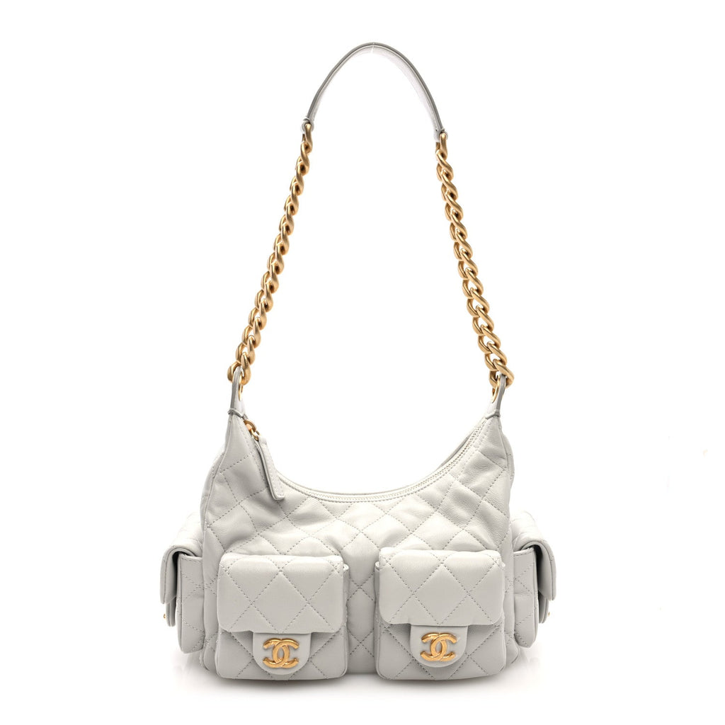 Shiny Lambskin Quilted Large Trendy Pockets Hobo Light Grey
