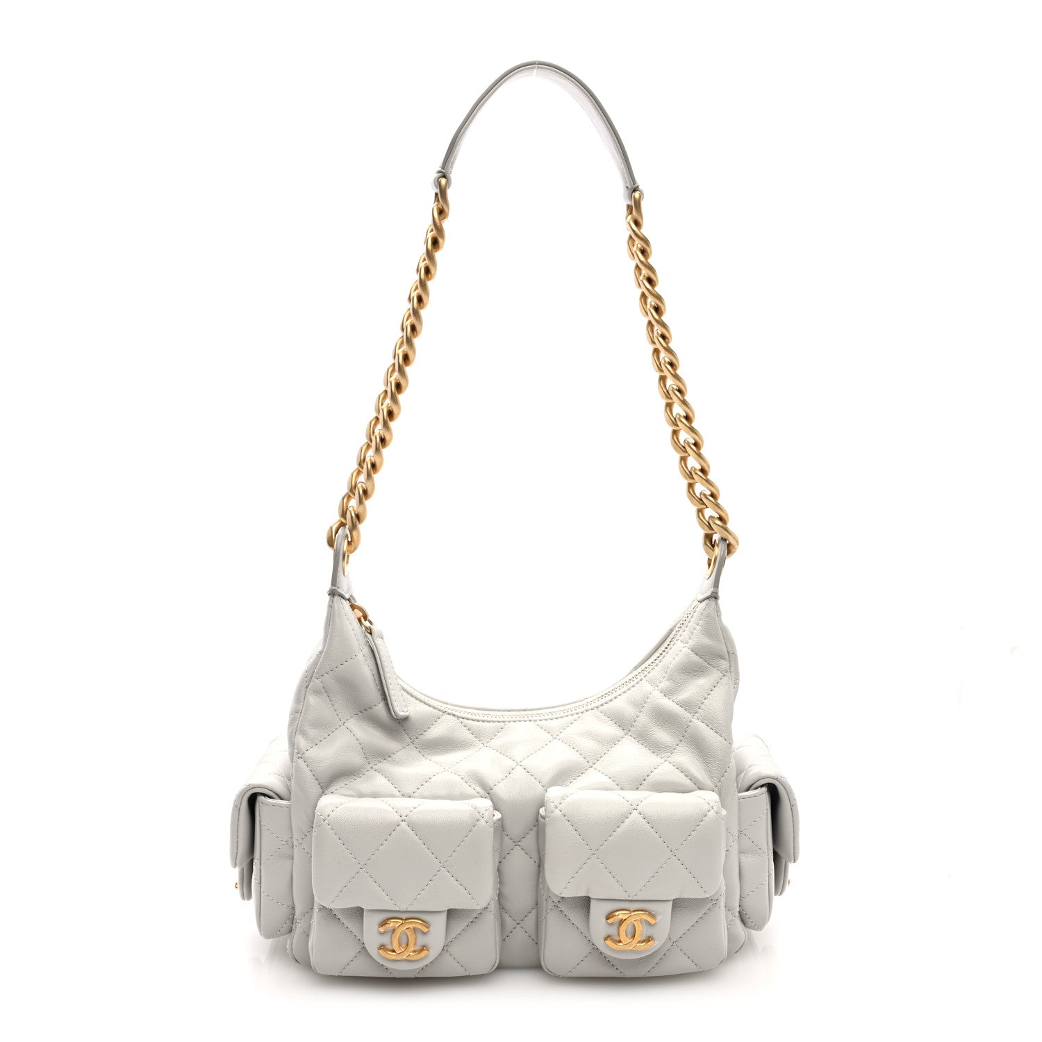 Shiny Lambskin Quilted Large Trendy Pockets Hobo Light Grey