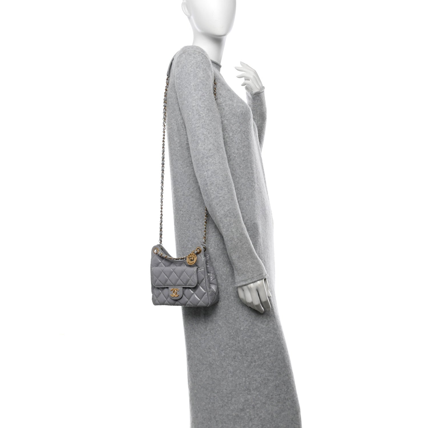 Shiny Crumpled Calfskin Quilted Small Wavy CC Hobo Grey