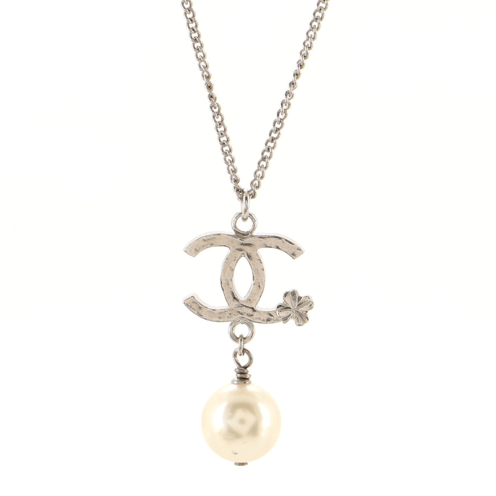 CC Clover Pearl Drop Pendant Necklace Metal and Faux Pearl