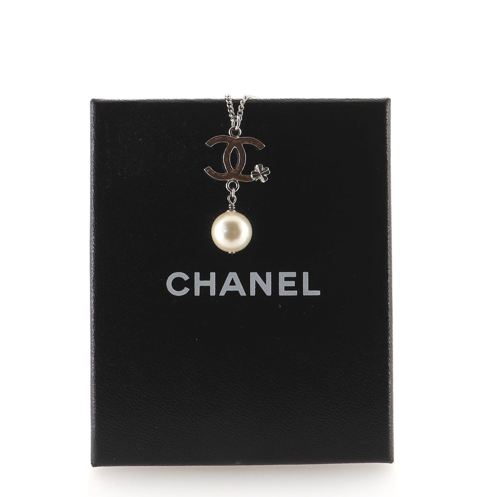 CC Clover Pearl Drop Pendant Necklace Metal and Faux Pearl