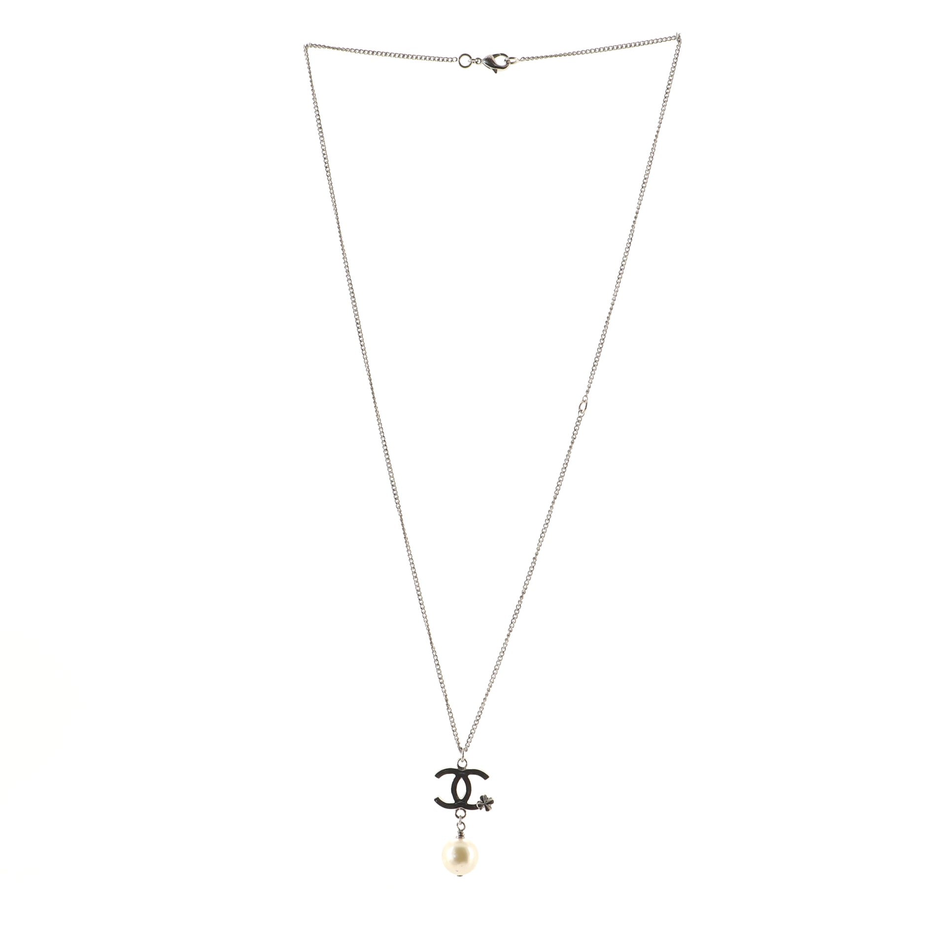 CC Clover Pearl Drop Pendant Necklace Metal and Faux Pearl