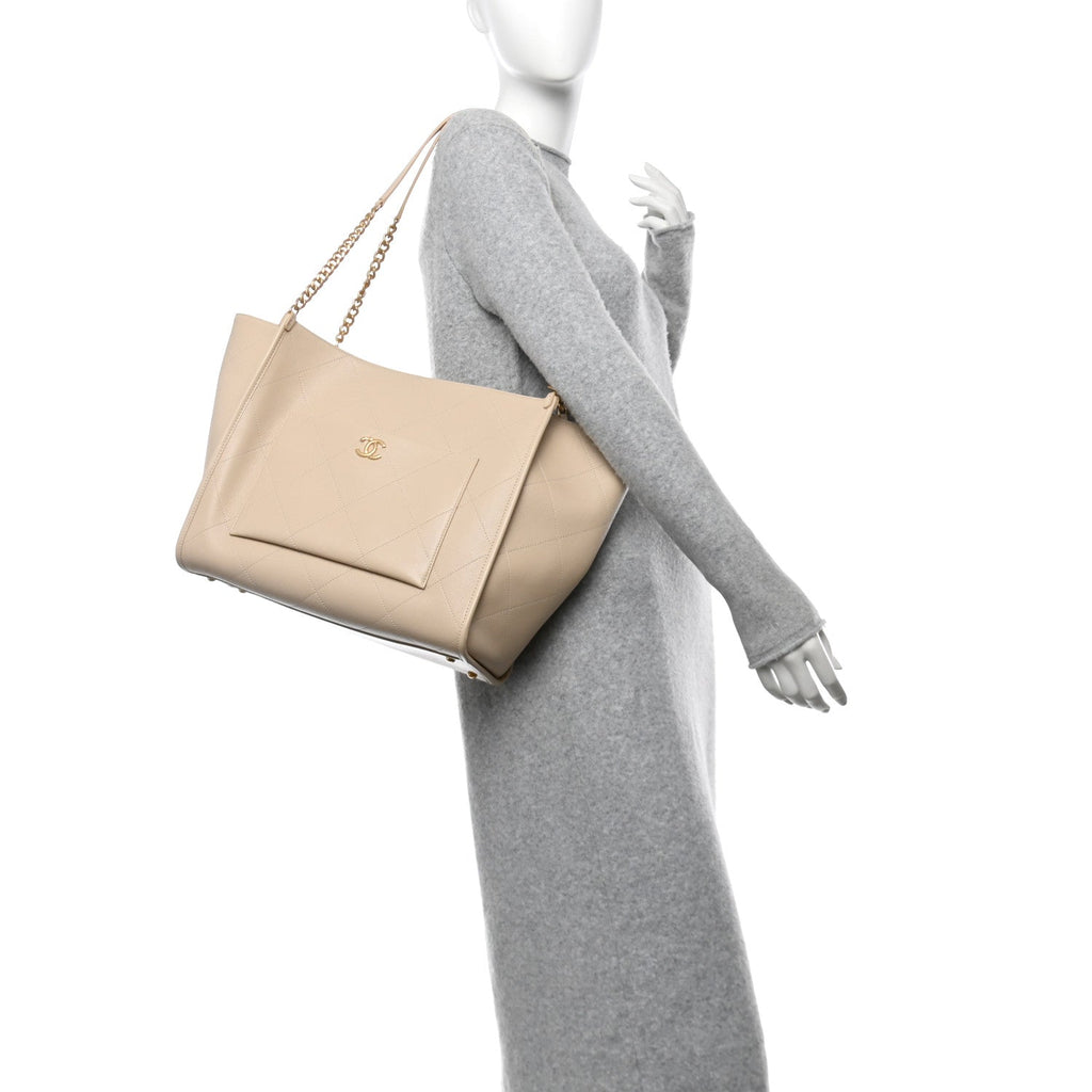 Caviar Stitched Pocket CC Large Tote Light Beige