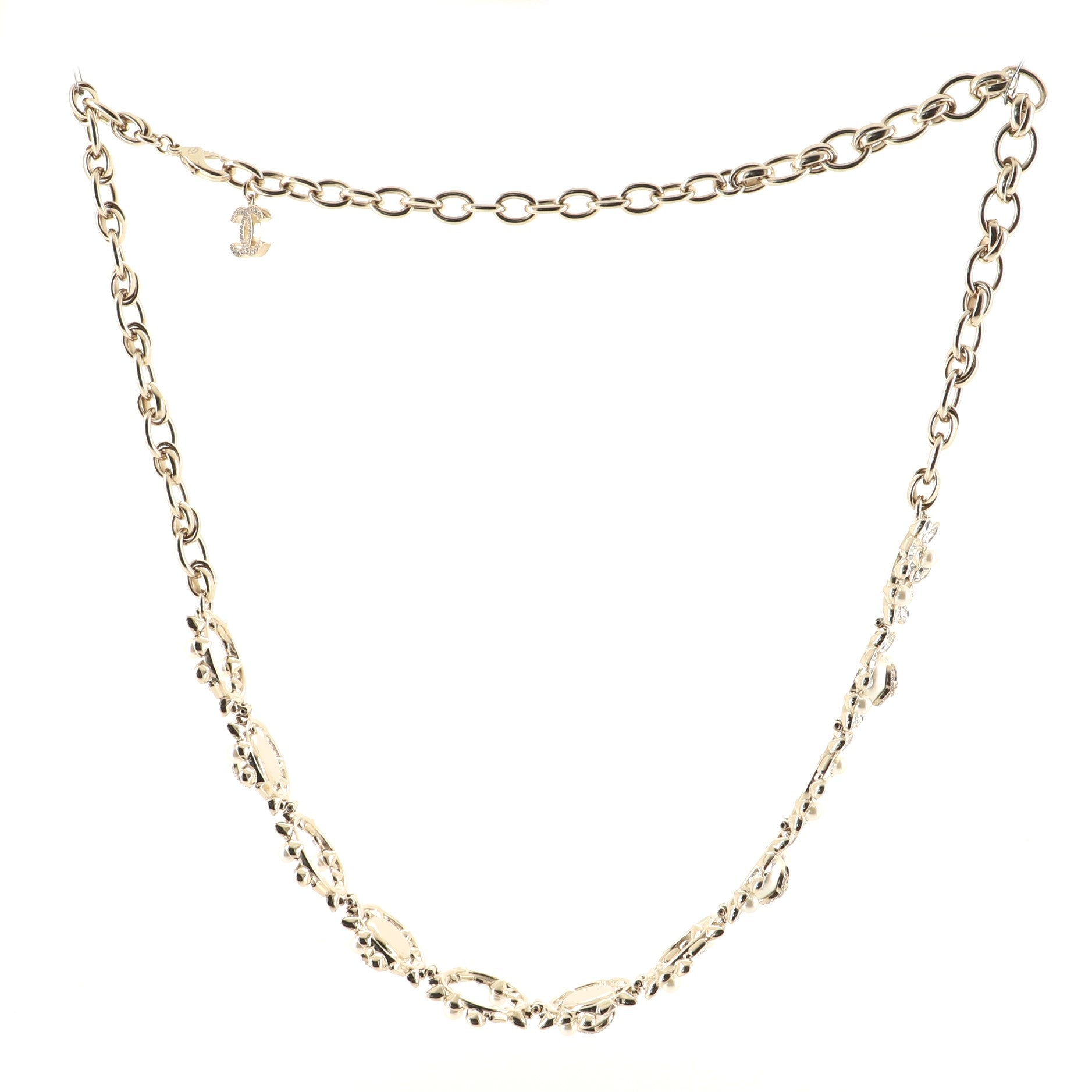 Fancy CC Ring Chain Link Belt Metal with Crystals and Faux Pearls 90