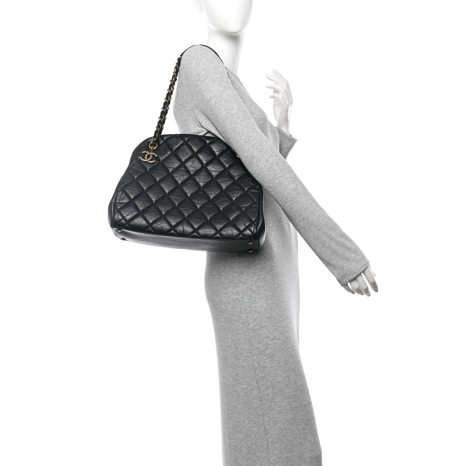 Aged Calfskin Large Just Mademoiselle Bowling Bag Black